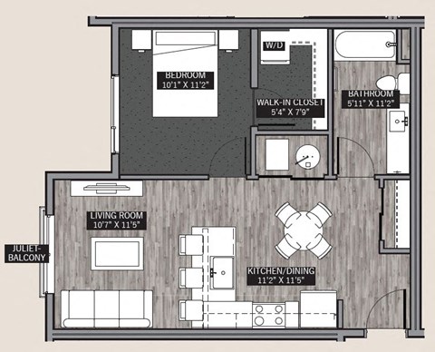 Floor plan for 1 bed, 1 bath, 617 sqft